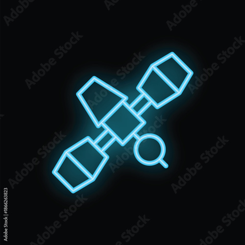 Bright blue neon satellite is orbiting earth, representing space exploration and technological advancement