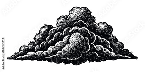 Heavy dark weather cloud rendered in a vintage engraved woodcut style suitable for dramatic atmospheric graphics, environmental presentations, or print publications