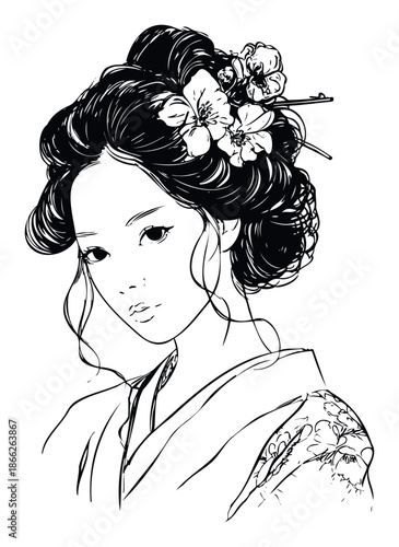 Graceful Asian woman depicted in a classic traditional kimono with an intricate floral hairstyle, ideal for projects seeking cultural heritage or serene feminine aesthetics.