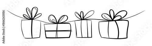 Hand drawn black outline gift boxes with bows connected by a string creating a festive garland perfect for holiday party decorations or birthday celebration designs