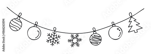 Festive holiday garland featuring charming handdrawn Christmas ornaments, detailed snowflakes, and a classic pine tree shape, perfect for seasonal celebrations and winter themed event