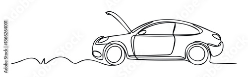 Minimalist continuous line drawing of a car with an open hood on a winding road suggesting vehicle repair or mechanical service for automotive industry presentations