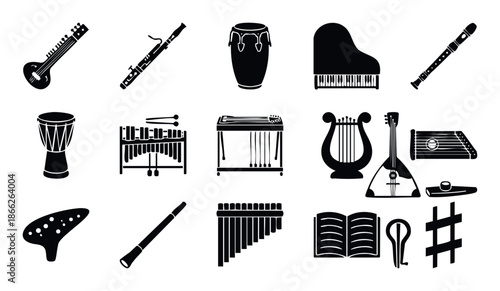 A comprehensive collection of diverse musical instruments and music symbols presented in a modern silhouette style, perfect for educational materials, music themed graphic designs, and