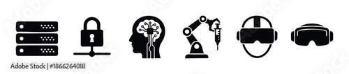Technology icon collection showcasing data servers, network security, artificial intelligence, automated robotics, and virtual reality for digital transformation and future technology