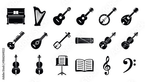 Assortment of musical instruments and symbols like piano, harp, guitar, banjo, violin, cello, and music notation elements such as clefs and sheet music for various musical themes.
