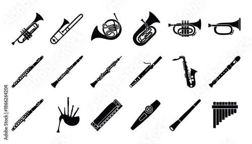 A versatile collection of wind musical instrument silhouettes suitable for music education, instrument identification, graphic design, and artistic projects