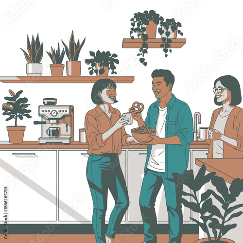 Flat 2D graphic illustration showing happy young colleagues laughing and sharing snacks during a casual coffee break in a modern, relaxed office kitchen