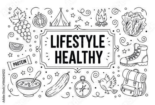 A motivational and engaging black outline drawing featuring healthy food, outdoor adventure equipment, and lifestyle elements to inspire wellbeing and activity for various fitness and