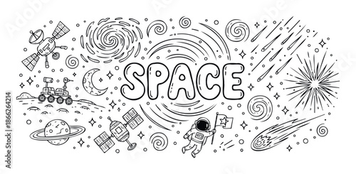 Exploring the universe with spacethemed elements including astronauts, planets, rovers, and satellites, perfect for childrens educational content or playful science projects