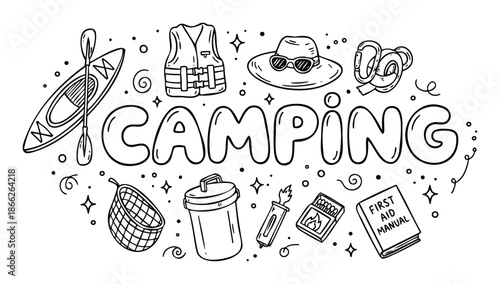 A collection of handdrawn camping essentials including a kayak, life vest, hat, and first aid kit, perfect for outdoor adventure promotions and travelthemed content