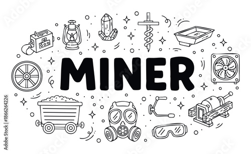 Collection of essential mining tools and equipment surrounding the word miner, perfect for industryrelated educational graphics or thematic presentations.