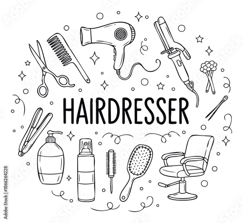 Essential hairdresser tools and accessories displayed in a circular arrangement around the word HAIRDRESSER, perfect for salon promotional materials or professional education