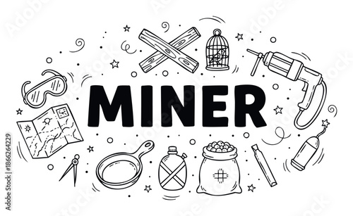 Hand drawn doodle set of mining tools and prospecting equipment including safety gear, exploration map, gold pan, and a caged canary, perfect for educational materials or themed event