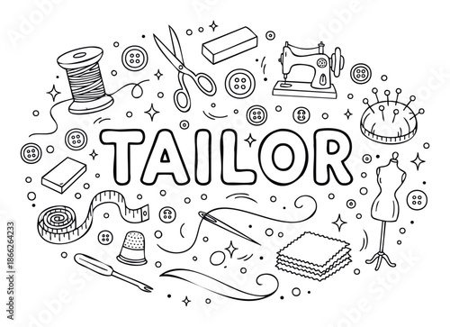 Hand drawn line drawing of sewing and tailoring equipment surrounding the word TAILOR, ideal for craft projects, textile workshops, and apparel businesses.