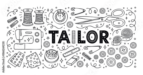 Hand drawn tailoring tools and sewing accessories surrounding the word tailor perfect for craft blog headers or creative hobby shop branding