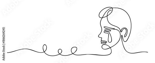 Continuous line drawing of a womans emotional profile showing a tear, connected by a winding abstract line forming loops, suitable for conveying themes of sadness, mental wellbeing, and