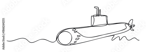 Submarine single line drawing illustrating underwater exploration and naval technology for educational materials, nautical themes, or childrens books and merchandise