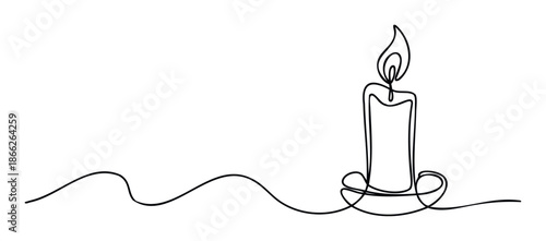 Minimalist continuous line drawing of a burning candle symbolizing peace and remembrance, perfect for spiritual, meditative, or memorial graphic projects and presentations