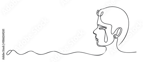 Elegant continuous one line drawing portraying a somber human profile with a visible tear, symbolizing sorrow and empathy, ideal for mental health, emotional support, or psychological