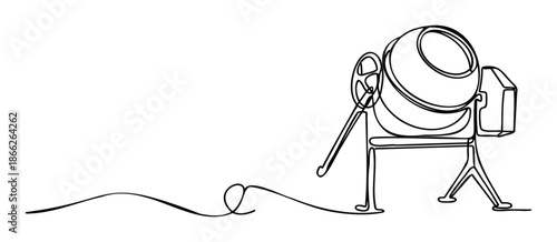 Minimalist continuous line drawing of a concrete mixer conveying construction and building themes for industrial marketing materials or engineering project presentations