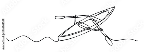 Minimalist continuous line drawing of a kayak with a paddle on gentle waves perfect for outdoor recreation branding, water sport event invitations, and travel advertisements
