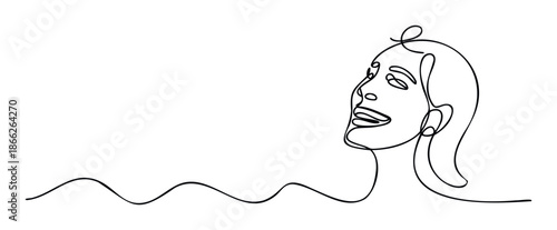 Minimalist continuous line drawing of a womans profile face gazing upwards with a serene expression, ideal for modern graphic branding, contemplative wall decor, and inspirational print