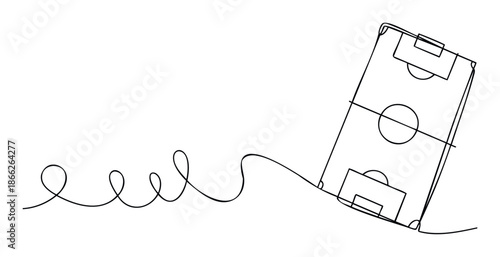 Black and white oneline drawing of a soccer football field pitch connected to an abstract winding line symbolizing movement and play ideal for sportsrelated modern graphic layouts and