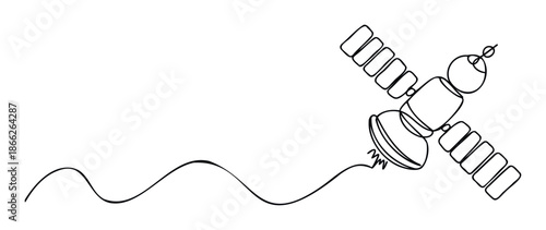 A continuous line drawing of a communication satellite with solar panels symbolizing global connectivity and technology, perfect for science education materials or digital innovation