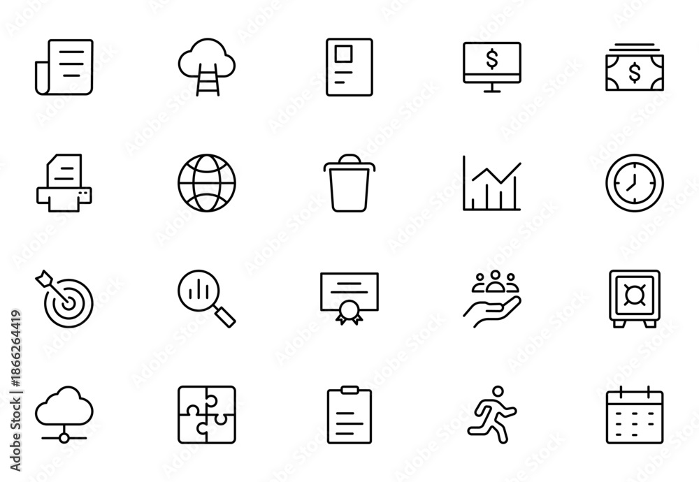 Fototapeta premium Office And Business icon set. Business and Finance web icons in line style. Money, bank, contact.Thin outline icons pack. Vector illustration
