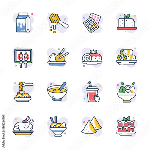 A modern set of food and cuisine icons in trendy design style