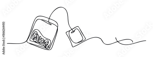 Continuous single line drawing depicting two elegant tea bags, one brewing with abstract shapes, ideal for modern packaging, healthy lifestyle content, and cafe promotions.