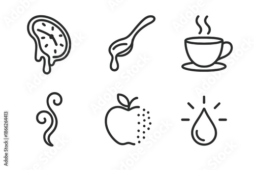 Flavor of Time Icons. Line style icons of Flavor of Time: melting clock, dripping spoon, steaming cup, swirling aroma, fading