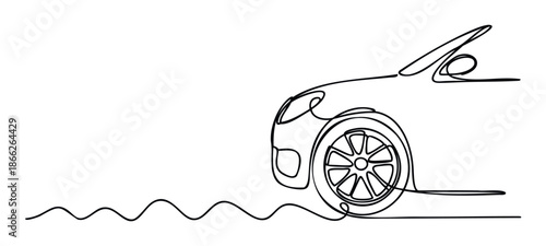 Dynamic continuous line drawing depicting the front section of a compact car with a flowing wavy path, ideal for automotive themes, transportation services, and modern branding projects.