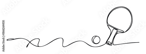 Dynamic continuous line drawing of a table tennis paddle and ball, ideal for sports branding, athletic event promotion, active lifestyle websites, or minimalist graphic apparel.