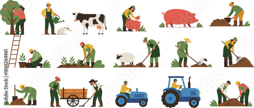 Farm Work and Agriculture Illustration Set Showing Farmers Planting, Harvesting, Caring for Livestock, Using Tractors, and Rural Countryside Activities