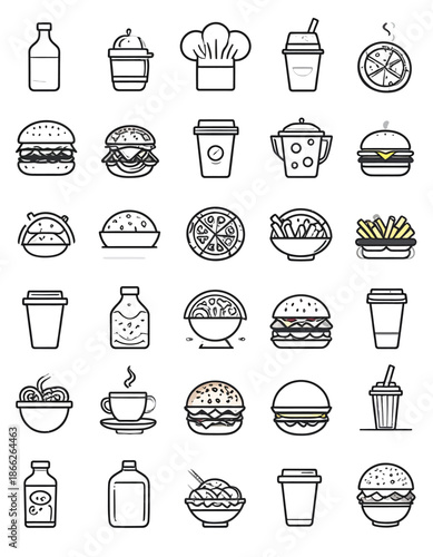 A collection of diverse outline food and drink icons for digital design. Includes burgers, pizzas, coffees, and juices, perfect for menus and mobile applications