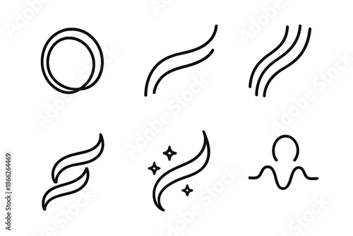 Fluid Motion Icons. Line style icons of Fluid Motion: airy loop, gentle curve, radiant stream, twisting wave, glowing trail, soft