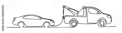 Continuous line drawing of a tow truck assisting a broken down car, symbolizing roadside assistance and vehicle recovery services, ideal for automotive marketing or transportation related