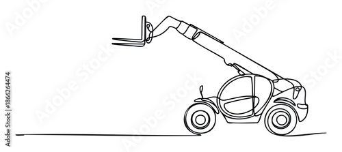 Stylized continuous line drawing of a powerful telehandler heavy lifting machine for construction industry projects and logistics operations