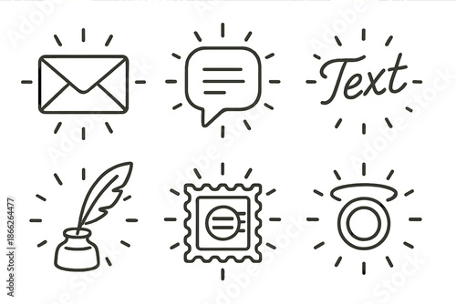 Luminous Letter Icons. Line style icons of Luminous Letters: glowing envelope, radiant message, light-written word, floating ink,