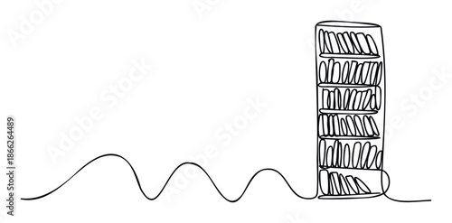 A flowing continuous black line drawing leading towards a tall stylized bookshelf full of books, symbolizing knowledge and learning journey, ideal for educational publications and reading