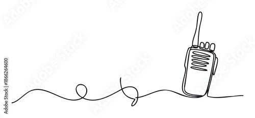Continuous one line drawing of a modern walkietalkie radio device, perfect for conveying simplicity and connectivity in telecommunications, security, or technology presentations and graphic