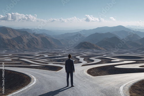 Businessman Standing at Crossroads with Many Winding Paths, Concept of Decision and Career Choice