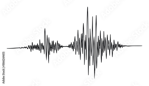 A dynamic black sound wave or audio waveform visual representing frequency fluctuations for music production, scientific data visualization, or communication technology graphics