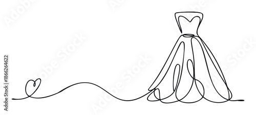 Elegant one line drawing depicting a beautiful wedding dress evolving from a delicate heart shape, perfect for bridal invitations, event stationery, or romantic marketing materials