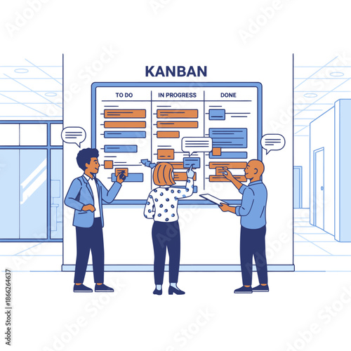 2D flat illustration Three diverse professionals hold a stand up meeting, pointing at tasks on a huge Kanban board in a bright corporate hallway
