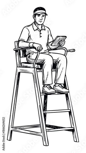 Male sports official sitting on a high umpire chair while keeping score with a tablet, perfect for sports event graphics, athletic coaching materials, or game rules presentations.