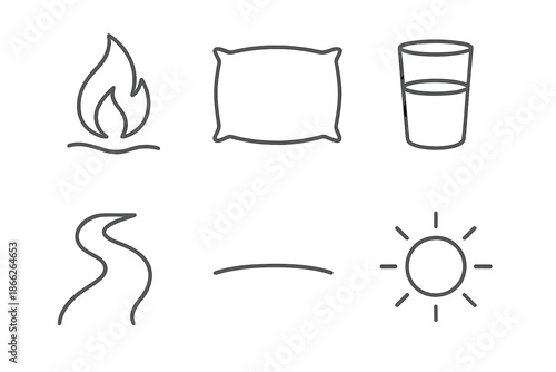 Peaceful Absence Icons. Line style icons of Peaceful Absence: quiet flame, warm pillow, half-empty glass, glowing path, soft line