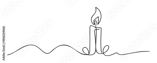 Minimalist continuous line drawing of a burning candle, symbolizing hope, peace, and remembrance, perfect for spiritual themes, tranquil decor, or thoughtful event communication.