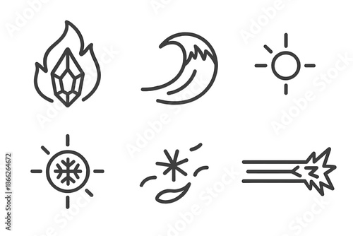 Frosted Heat Icons. Line style icons of Frosted Heat: radiant flame crystal, curved frost wave, glowing cinder, icy light,